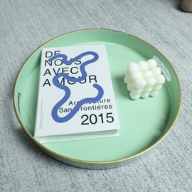 Spsyrine Round Green Plastic Decorative Tray, 13'' Modern Tray with Handles, Marble Pattern, for Breakfast, Coffee Table, Bathroom, Kitchen, Living Room