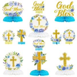 ANGOLIO 12Pcs Blue Floral God Bless Honeycomb Centerpieces Baptism Party Honeycomb Centerpieces God Bless Christian Party Table Decorations for Baby Boys Girls Gender Reveal Christian Theme Supplies