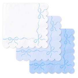 FYSUIMU 150Pcs Blue Bow Napkins Watercolor Bow Disposable Napkins with Scalloped Edge White Blue Paper Luncheon Dinner Napkins for Wedding Birthday Party Table Supplies