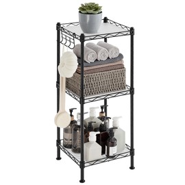 SONGMICS 3-Tier Bathroom Shelf, Storage Rack for Small Space, with 3 PP Shelf Liners, Removable Hook, Extendable Design, Ink Black and Translucent ULGR103B01