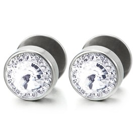 10mm 2pcs Men Women Circle Stud Earrings Steel with Cubic Zirconia, Cheater Fake Ear Plug Gauges