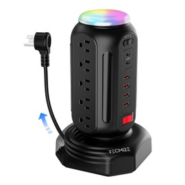 Multiple Plug PD 30W Fast Charging Power Strip, with Surge Protector, RGB Night Light, 15 Outlets Power Tower, 2 Type C and 4 USB Ports, Space Saving, Retractable Extension Cord 6.5ft for Home (Black)