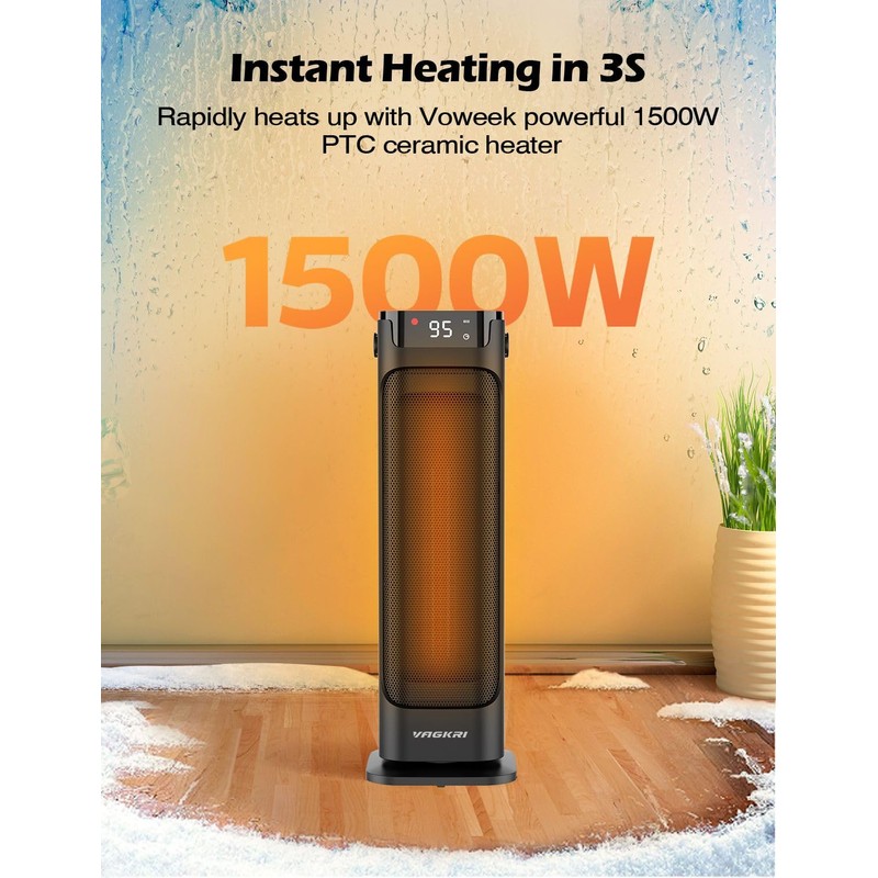 VAGKRI 24” Oscillating Ceramic Tower Space Heater，Fast Ceramic Heater with