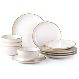 GBHOME Ceramic Dinnerware Sets for 4, 12 Pieces Stoneware Plates and Bowls Sets, Reactive Glaze Dishes -Scratch Resistant, Dishwasher&Microwave Safe，Pearl White