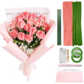 200Pcs Pipe Cleaners Craft with String Light, DIY Flower Bouquet Kit Chenille Stems Tulip Craft Kit with Step-by-Step Video Tutorials for Wedding Gifts, Holiday Decoration, Mom Gifts