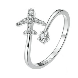 IzuBizu London Women Sterling Silver Airplane Ajustable Ring Cubic Zirconia Diamond Plane Travel Holiday Birthday Christmas