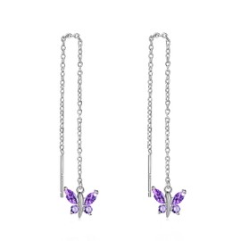 Butterfly Earrings Silver 925 Hanging White Crystal Drop Earrings Long Hanging Pull Through Earrings Silver 925 for Women Girls, Sterling Silver, Cubic Zirconia
