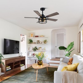 Oaks Aura 46" Farmhouse Caged Ceiling Fan with Light and Remote, Reversible DC Motor, Double Finish Wood Blades, Rustic Retro Chandelier Ceilng Fan with Light for Living Room Dining Room Bedroom