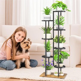 iDavosic.ly 7 Tier Plant Stand Indoor Outdoor, Tiered Corner Multiple Flower Pot Holder Shelf, Metal 51 Inch Tall Display Rack for Patio Porch Living Room Garden Balcony, Modern Black & Rustic Brown