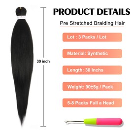 ADIASAI Braiding Hair Pre Stretched 30 Inch 3 Packs, Pre Stretched Braiding Hair Extensions, Hot Water Setting Yaki Texture Synthetic Hair Natural Black(1B)