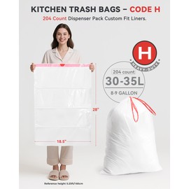 KONE H Trash Bags, 204 Count Compatible with Simplehuman Code H, 1.35 Mil Drawstring Garbage Bags,Heavy Duty Trash Can Custom Fit Liners For Kitchen, Bathroom, Home(30-35 Liter / 8-9 Gallon）
