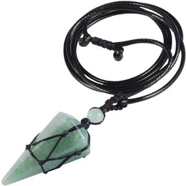 Kyeygwo Hexagonal Crystal Pendant Necklace with Adjustable Leather Rope, Polished Quartz Pointed Stone Healing Reiki Pendant Chain, Green