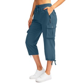 Soothfeel Women's Cargo Capris Pants with 6 Pockets Lightweight Quick Dry Travel Hiking Summer Pants for Women Casual (Blue Grey, L)