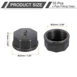 sourcing map 2 Pcs 3/4" Pipe Fitting Caps, Octagon Head Steel Threaded Pipe Fitting End Cap for Plumbing Water Line Decor Furniture, Black