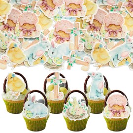 Gyufise 48Pcs Edible Happy Easter Cupcake Toppers Wafer Paper Rabbit Easter Eggs Cupcake Picks Edible Easter Bunny Cupcake Decors for Easter Theme Baby Shower Birthday Party Supplies