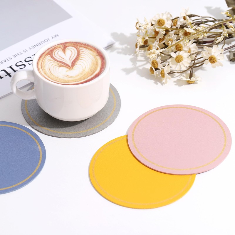 sourcing map 6 Pcs Leather Coasters, Round Drinks Coasters for