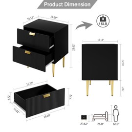 AEPOALUA Nightstand with Drawers, Large Fluted Night Stand, End Table for Living Room, Mid Century Modern Bedside Table for Bedroom (12-Black Stripe, 2 Drawer)