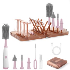 Electric Bottle Brush Cleaner, 9 in 1 Baby Bottle Brush Kit with Nipple Straw Crevice Brushes Drying Rack Extender Soap Dispenser Storage Box, Rechargable Bottle Cleaner Set for Travel & Home (Pink)