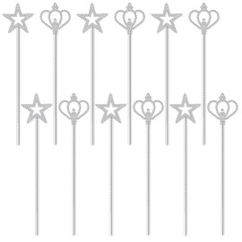 VioraWhite 12 Pcs Silver Star Wand 13 Inch Princess Crown Fairy Wand for Women Plating Magical Sticks Fairy Accessories for Birthday Wedding Party Halloween Cosplay
