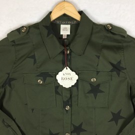 Knox Rose Utility Button Up Shirt Jacket Shacket 1X Olive Green Stars NWT Top