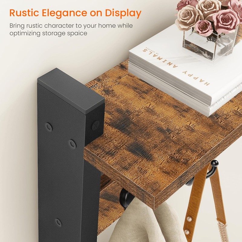 Homode Rustic Brown Wall Mount Coat Rack with Shelf and