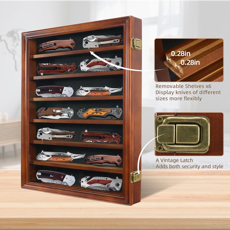 ASmileIndeep Pocket Knife Display Case 7 Rows Lockable Wooden Knife