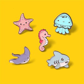5PCs Ocean Series Animal Badges Brooch Marine Life Cartoon Badges Cute Pins Set Cartoon Sea Sharks Seahorses Starfish Brooch Pin for Children's Day Gift Clothes Backpack Denim Shirt Lapel Pins