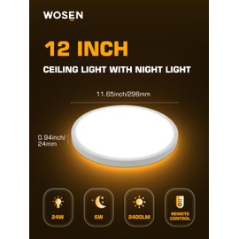 6 Pack 12 Inch LED Flush Mount Ceiling Light with Night Light 2000K, 3000K-6000K 5 Color Temperature 24W 2400LM Ultra-Slim Ceiling Light Fixture with Remote, Round Ceiling Lights for Bedroom, Kitchen