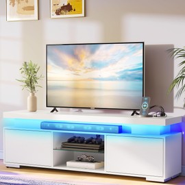 YITAHOME White TV Stands for Living Room, TV Stand for 65 inch TV, Entertainment Center with Storage,Modern TV Stand with Power Outlets & LED Light, TV Console Cabinet, White