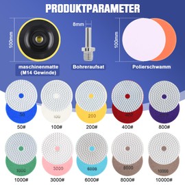 16 pieces 100 mm diamond polishing discs including M14 rubber backing pad wool felt, foam polishing pad, 8 mm piece drill attachment, 50-10000 diamond grinding disc for tiles grinding disc marble