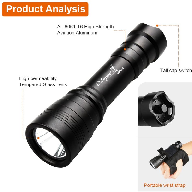 Odepro [492ft Underwater Diving] WD43PRO 1050 Lumens Diving Torch Diving