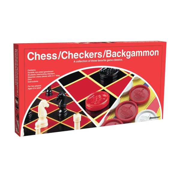 Checkers/Chess/Backgammon - 3 Games in One with Full Size Staunton Chess Pieces and Interlocking Checkers