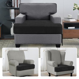 H.VERSAILTEX Stretch Velvet T Cushion Chair Covers for Living Room Armchair Sofa Cover Couch Cover Slipcover T Cushion Seat Cover Stay with Elastic Bands(Armchair, Black)