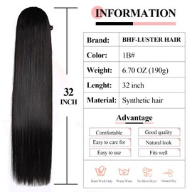 BHF 32" +30” Organic Ponytail-Extensions Long Straight Drawstring Black - Hair Extensions Ponytail Extra Long Clip in Hairpieces for Women (6.7OZ) (32in-Straight ponytail, 1B)