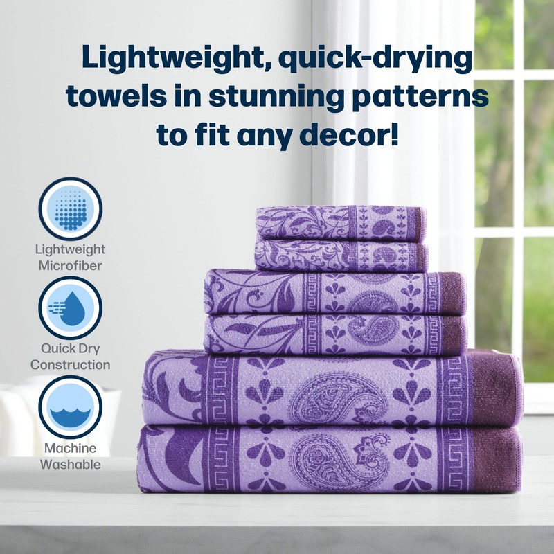 Stoneberry Home® Printed 6-Piece Towel Set Microfiber Purple Paisley