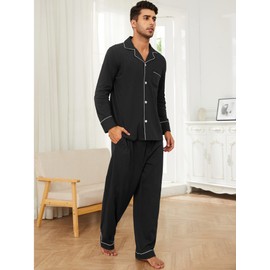 U2SKIIN Men's Long Pyjamas 100% Cotton Men's Pyjamas Set Men's Pyjamas Long Sleeve Pyjamas Men Sleepwear Loungewear Sleepwear, black, L