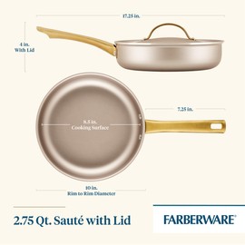 Farberware Radiant Nonstick Saute Pan with Lid, Dishwasher Safe, 2.75 Quart, Champagne
