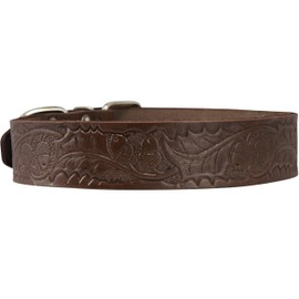 Genuine Tooled Leather Dog Collar Floral Pattern Brown 3 Sizes (Neck Circumf: 13"-17"; 1.2" Wide)