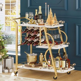 Aubtik Bar Cart, Gold Bar Carts for The Home, Serving Cart with Wine Glass Holder, 3-Tier Drink Carts with Wheels, Rolling Beverage Trolley for Kitchen, Dining, Living Room (Gold & Marbleized White)