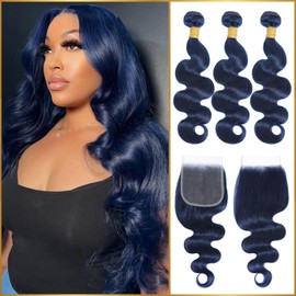 Dark Blue Body Wave 4x4 HD Transparent Lace Closure with Bundles, 12A 100% Brazilian Virgin Hair, Soft Glossy Thick 12 14 16 Inch + 4x4 Closure 12 Inch