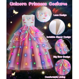 COYBTO Princess Costumes for Girls, Light Up Unicorn Costume Dress Up, Dress Up for Girls with Headband Crown Necklace Sets, Unicorn Fancy Dress for Kids Party Birthday Carnival Cosplay (120)