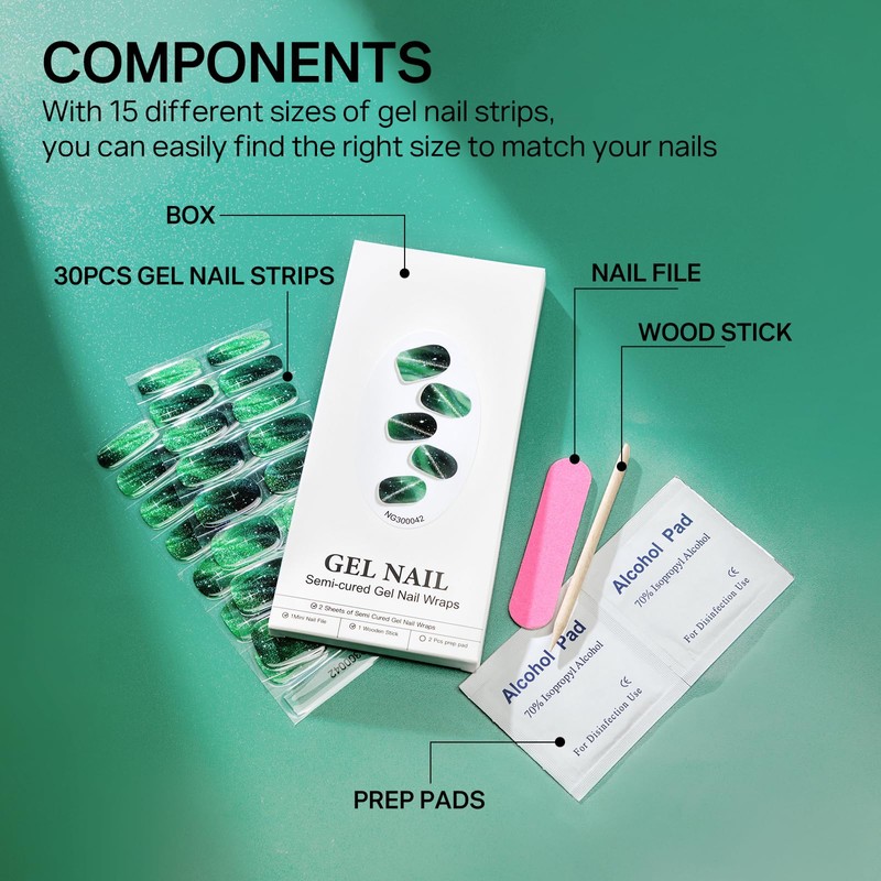 MIZHSE Semi Cured Gel Nail Strips, Green Cat Eye 30PCS
