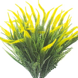 10 Bundles Artificial Plants Outdoor Fake Grass with Flowers UV Resistant Greenery Garden Porch Window Box Decorating (Yellow)
