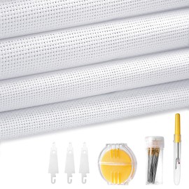COTATI 4 Pcs Needlepoint Blank Canvas Craft Kit, 18 Count 12x18 Inch Large Cotton Mesh Screen Grid, White Perforated Canvas Sheets for Cross Stitch & Embroidery with Starter Sewing Tools