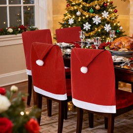 YKYUASD 4Pcs Christmas Chair Covers Set Red and White Santa Hat Chair Back Covers Dining Chair Slipcovers for Xmas Festival Decoration Kitchen Holiday Room Decorations