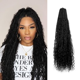 Y WIGS Boho Box Braid Crochet Hair with Human Hair Curls Crochet Braids Synthetic Braids with Human Hair Curls Ends for Black Women 40Strands/Pack #1B 18inch
