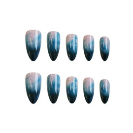 SINHOT Stiletto Press on Nails Long - Dark Blue Ombre Fake Nails Glossy Glue on Nails Acrylic Nail Supplies Almond Artificial Nail Art Stick on False Nails with Design DIY 24 pcs