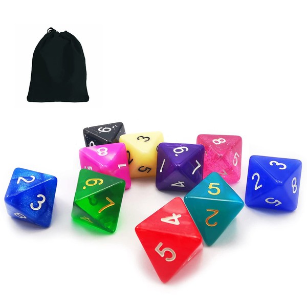 Bescon 10pcs Set of 8 Sided Dice (Numbered 1-8), 10 Count Assorted Random Multi Effected&Colored Pack of D8 in Drawstring Pouch