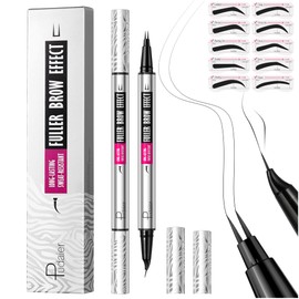 2 Pack Curved Eyebrow Pen and Eyeliner, 2 in 1 Dual Ended Microblading Eyebrow Pencil with 10 Brow Stencils, Waterproof Eye Brow Pencils for Women Create Natural Hair Like Brows (Natural Black)