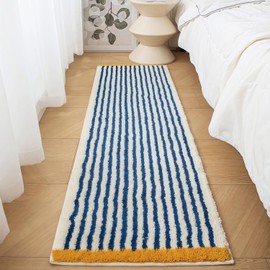 GIB Blue and White Striped Bathroom Rug Mat 63" x 20", Yellow Accent, Extra Soft Absorbent Non-Slip Washable Plush Fluffy Shaggy Microfiber Bath Mat, Aesthetic Runner Rug for Bedroom
